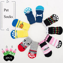 4pcs/set Dog Cartoon Socks Puppy Cute Anti Slip Dogs Cats Elastic Warm Knits Socks Small Medium Dogs Boots Pet Foot Cover New