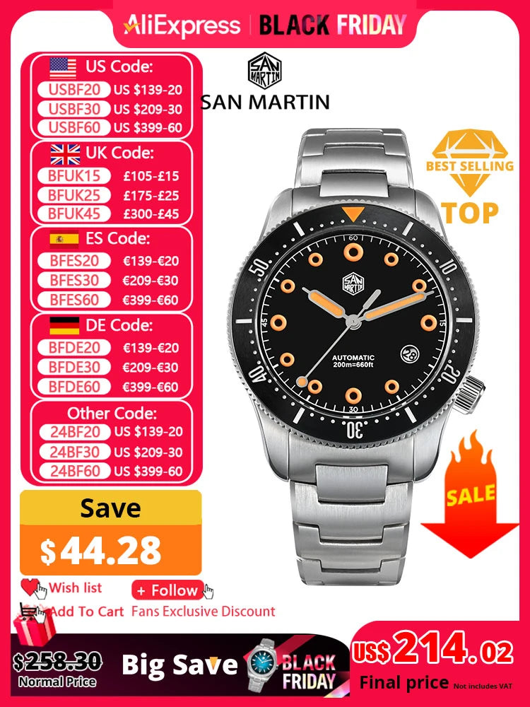 San Martin Original Design New Men Diver Watch 39.5mm YN55 Automatic Mechanical Watches Sapphire Waterproof 200M Luminous SN0142