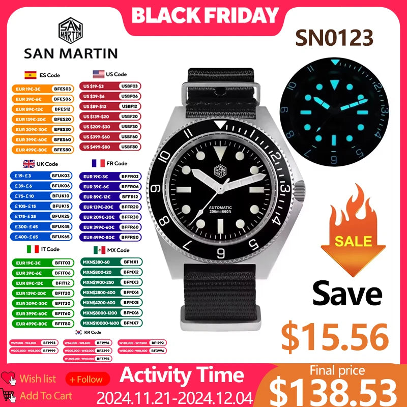 San Martin SN0123 V2 Limited Edition Dive Watch NH35 Automatic Mechanical  Stainless Steel Sapphire Waterproof Luminous Watches