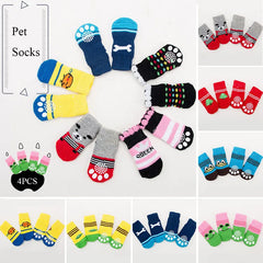 4pcs/set Dog Cartoon Socks Puppy Cute Anti Slip Dogs Cats Elastic Warm Knits Socks Small Medium Dogs Boots Pet Foot Cover New