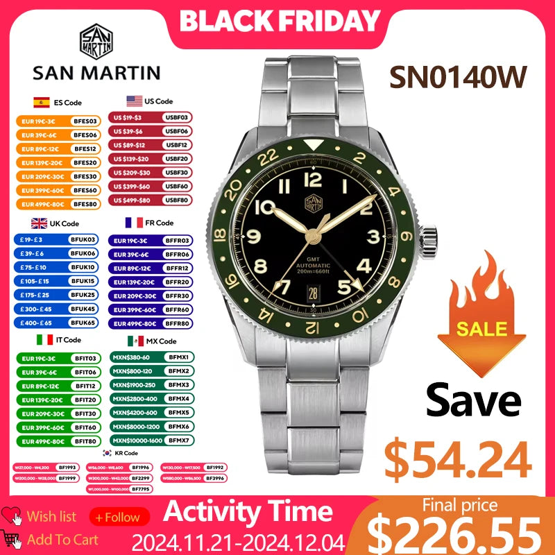 San Martin SN0140W 38mm NH34 GMT Watch Fashion Sports Automatic Mechanical Watches Sapphire Luminous 20 Bar Dive Wristwatch