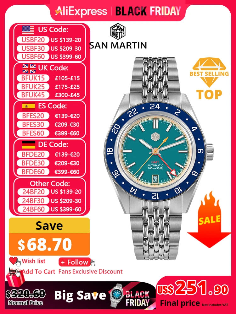 San Martin Original Design Fashion GMT 39.5mm Men Sports Watch Japan NH34 Automatic Mechanical Waterproof 100m SN0116 Reloj